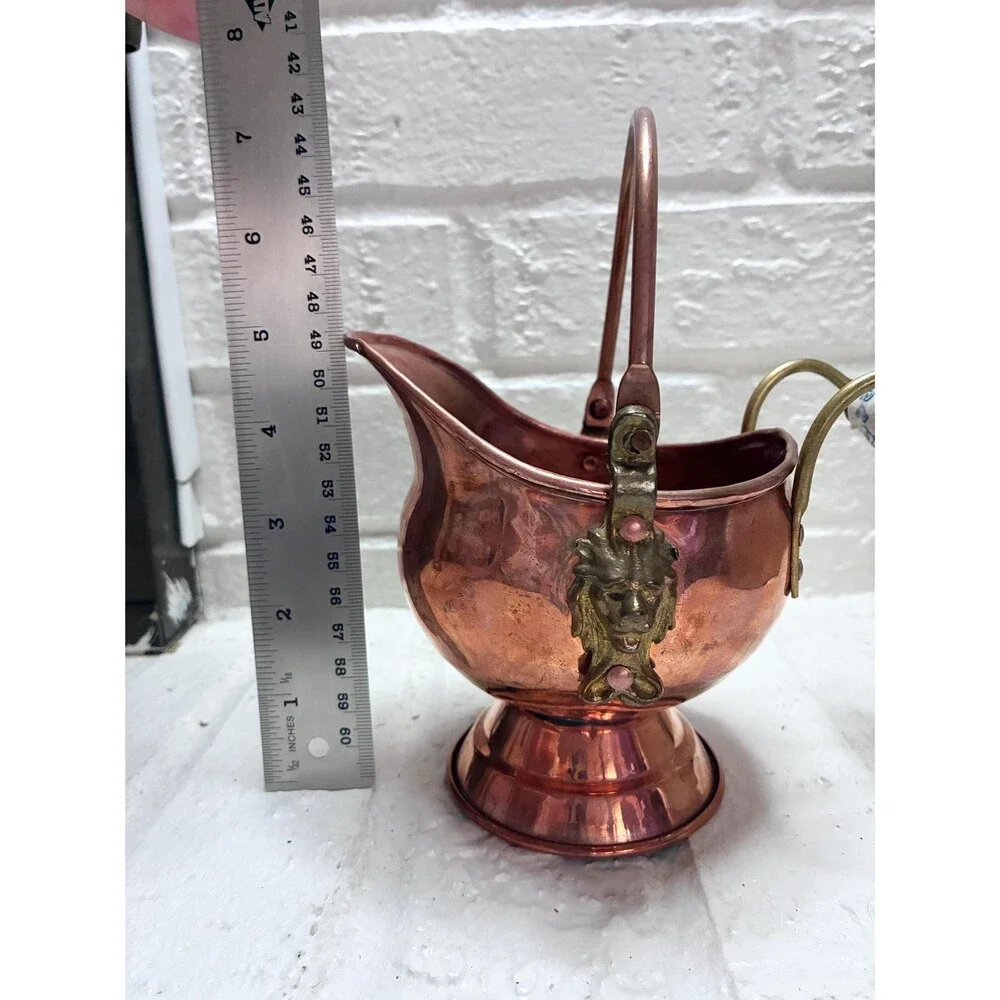 Small Copper Coal Scuttle Bucket Lion Heads Porcelain Handle Made in Ireland